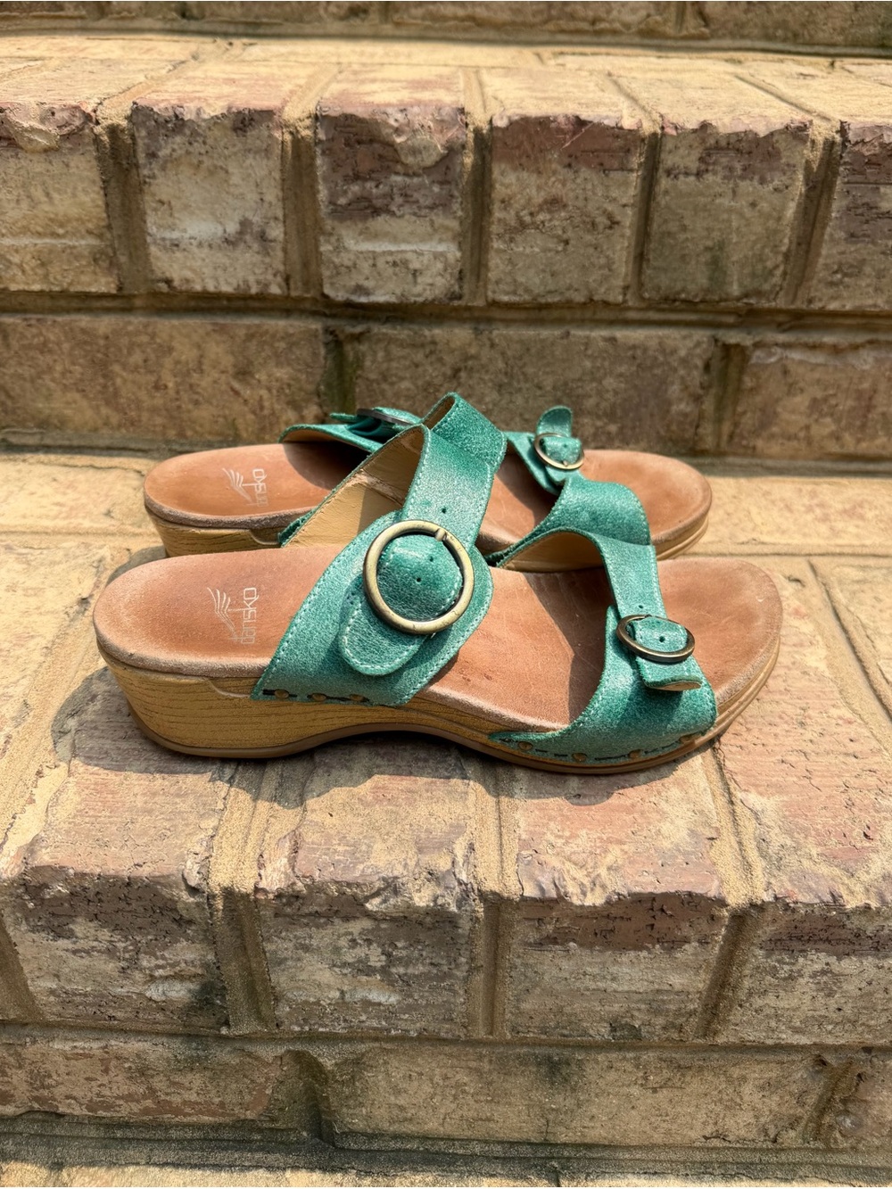 Dansko Sophie Metallic Turquoise Leather Comfort Wedge Sandals EU 39